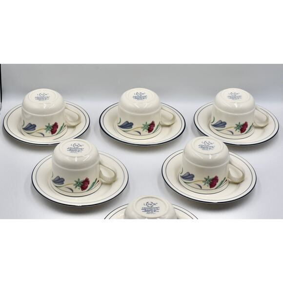 Y2K Coffee or Tea Flat Cup & Saucer 12pc Set Poppies On Blue by LENOX - Picture 10 of 12